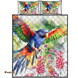 Australia Rainbow Lorikeets Quilt Bed Set - Rainbow Lorikeets Flying With Grevillea Flowers Art Quilt Bed Set