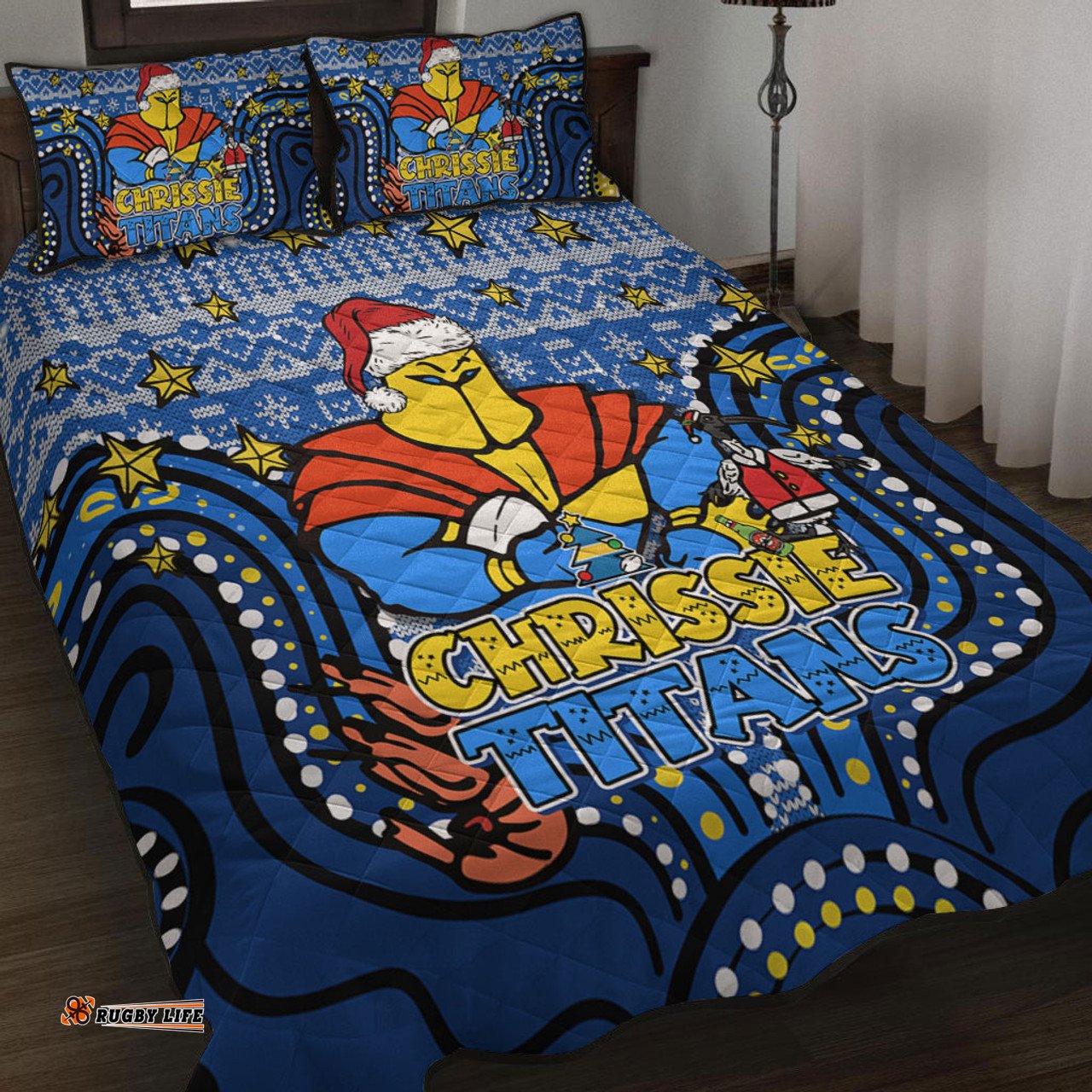 Gold Coast Titans Christmas Custom Quilt Bed Set - Christmas Knit Patterns Vintage Jersey Ugly Quilt Bed Set
