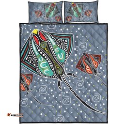 Australia Aboriginal Quilt Bed Set - Stingray Art In Aboriginal Dot Style Quilt Bed Set