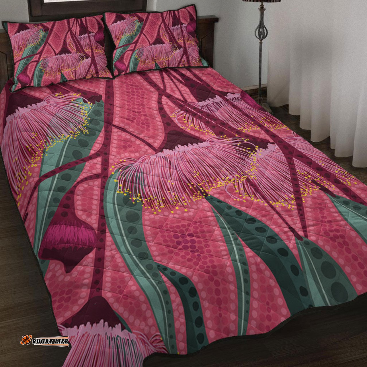 Australia Flowers Aboriginal Quilt Bed Set - Aboriginal Dot Art Of Australian Native Eucalyptus Tree Branch Quilt Bed Set
