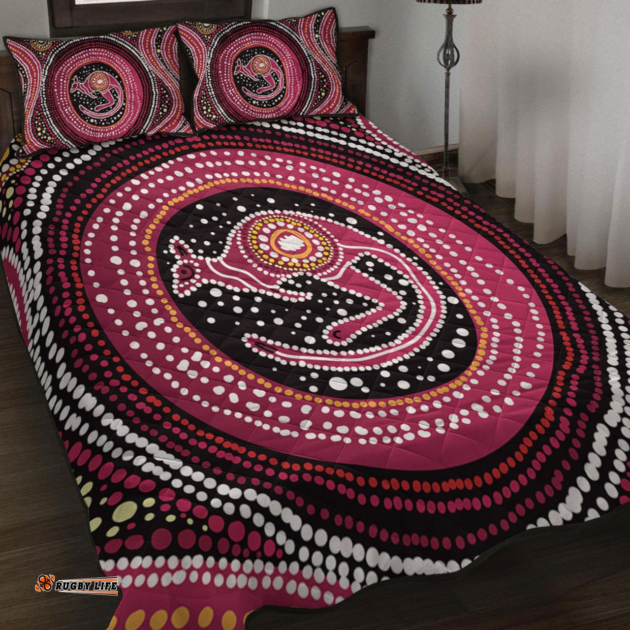 Australia Aboriginal Quilt Bed Set - Aboriginal Background Featuring Kangaroo Dot Design Quilt Bed Set