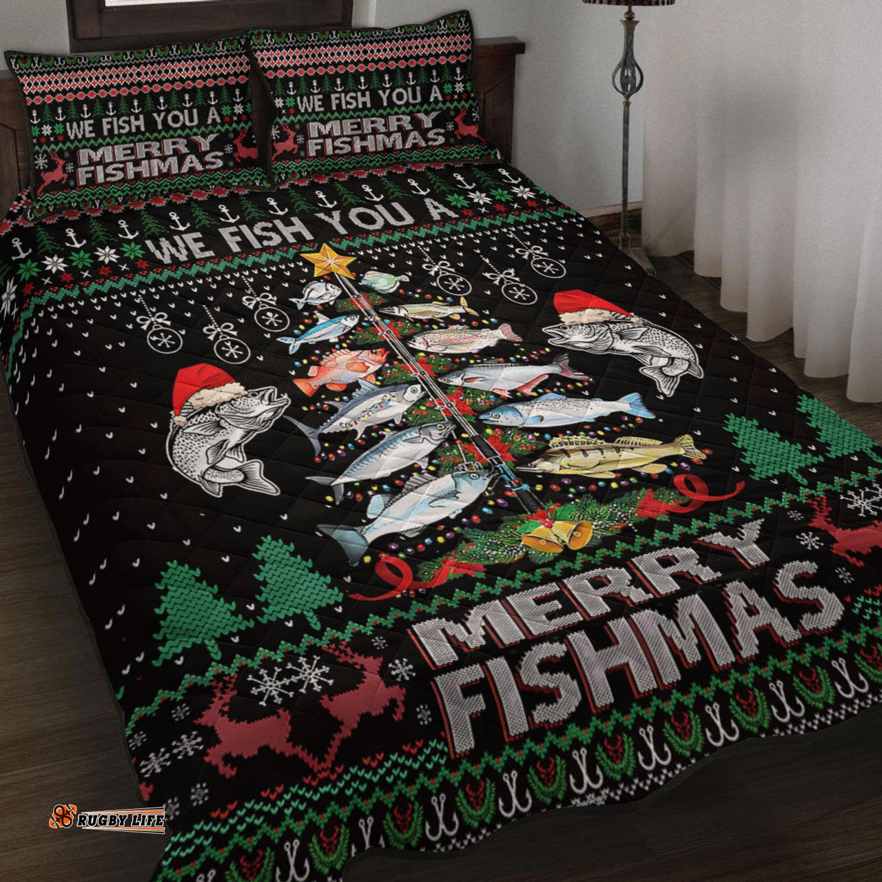 Australia Christmas Fishing Quilt Bed Set - Merrry Fishmas Fishing Rod Christmas Tree Quilt Bed Set