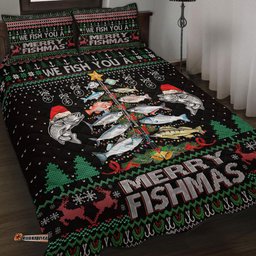 Australia Christmas Fishing Quilt Bed Set - Merrry Fishmas Fishing Rod Christmas Tree Quilt Bed Set