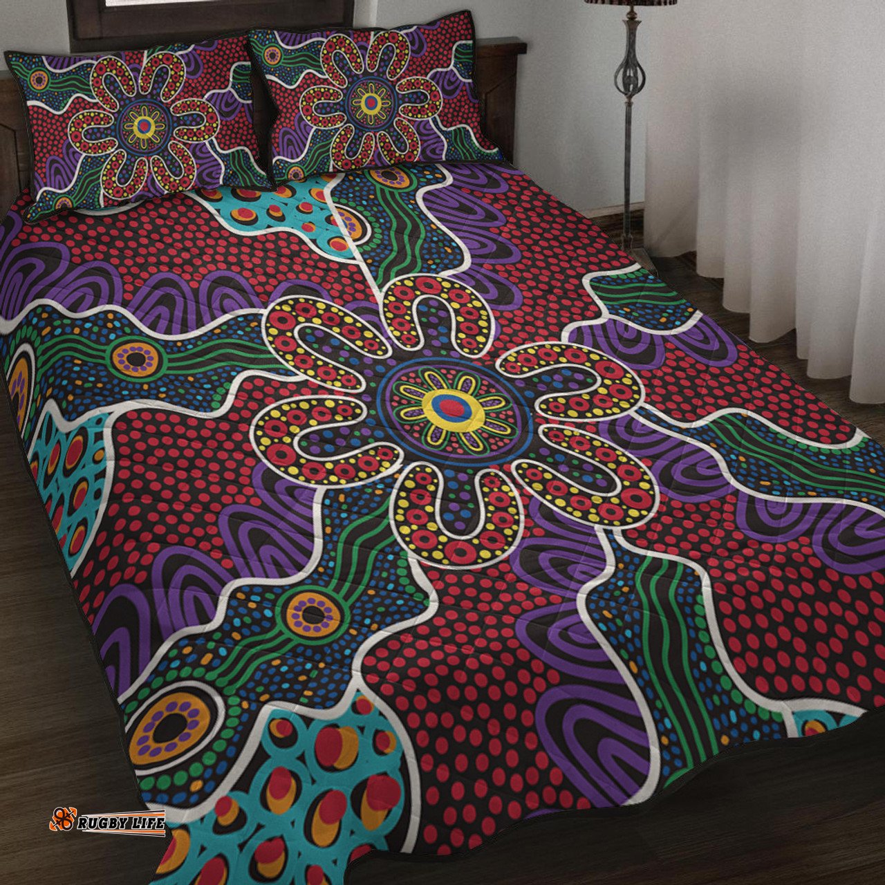Australia Aboriginal Quilt Bed Set - Aboriginal Dot Art Color Inspired Quilt Bed Set