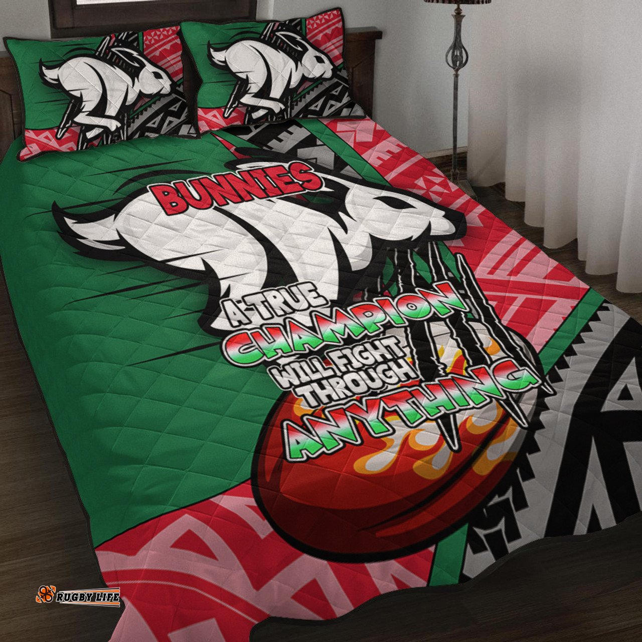 South Sydney Rabbitohs Quilt Bed Set - A True Champion Will Fight Through Anything With Polynesian Patterns