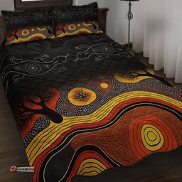Australia Aboriginal Quilt Bed Set - Dreaming Trees And Goanna In Dot Pattern Quilt Bed Set