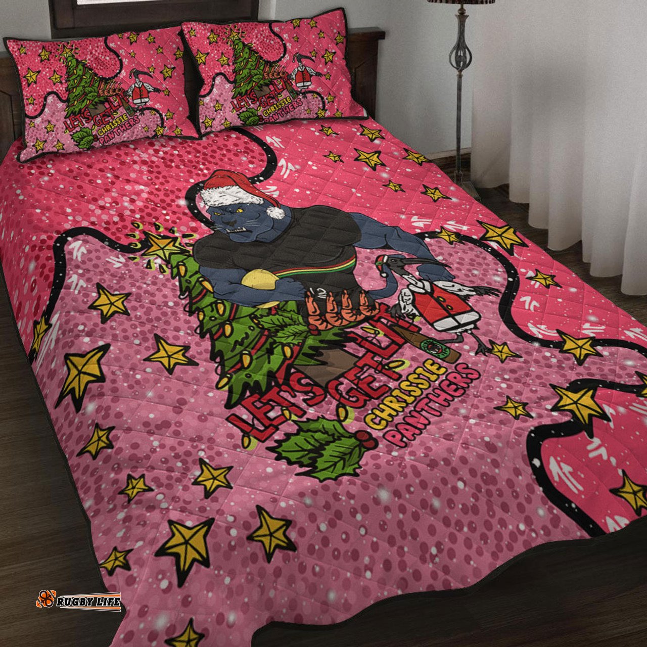 Penrith Panthers Christmas Custom Quilt Bed Set - Let's Get Lit Chrisse Pressie Pink Quilt Bed Set