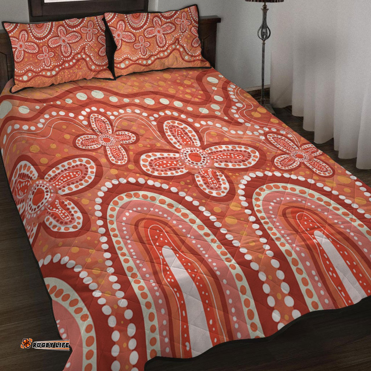 Australia Aboriginal Quilt Bed Set - Dot painting illustration in Aboriginal style Orange Quilt Bed Set