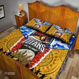 Gold Coast Titans Anzac Aboriginal Inspired Quilt Bed Set - Gold Coast Titans with Poppy Watercolor Flower Quilt Bed Set