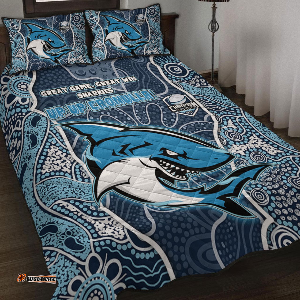 Cronulla-Sutherland Sharks Grand Final Custom Quilt Bed Set - Custom Cronulla-Sutherland Sharks and Sutherland Sharkies With Contemporary Style Of Aboriginal Painting Quilt Bed Set