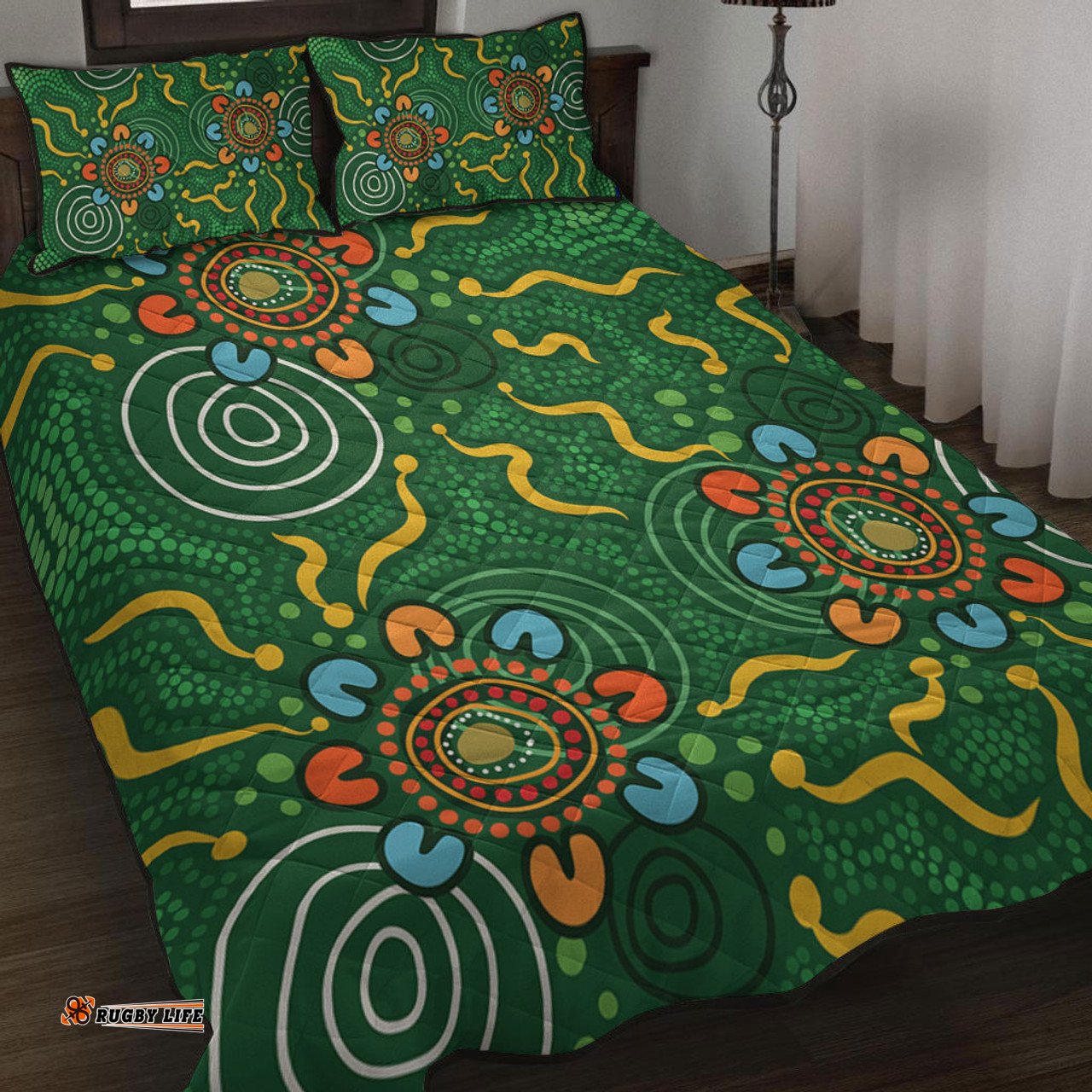Australia Aboriginal Quilt Bed Set - Green Painting With Aboriginal Inspired Dot Quilt Bed Set