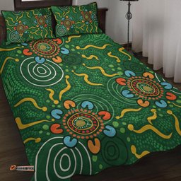 Australia Aboriginal Quilt Bed Set - Green Painting With Aboriginal Inspired Dot Quilt Bed Set
