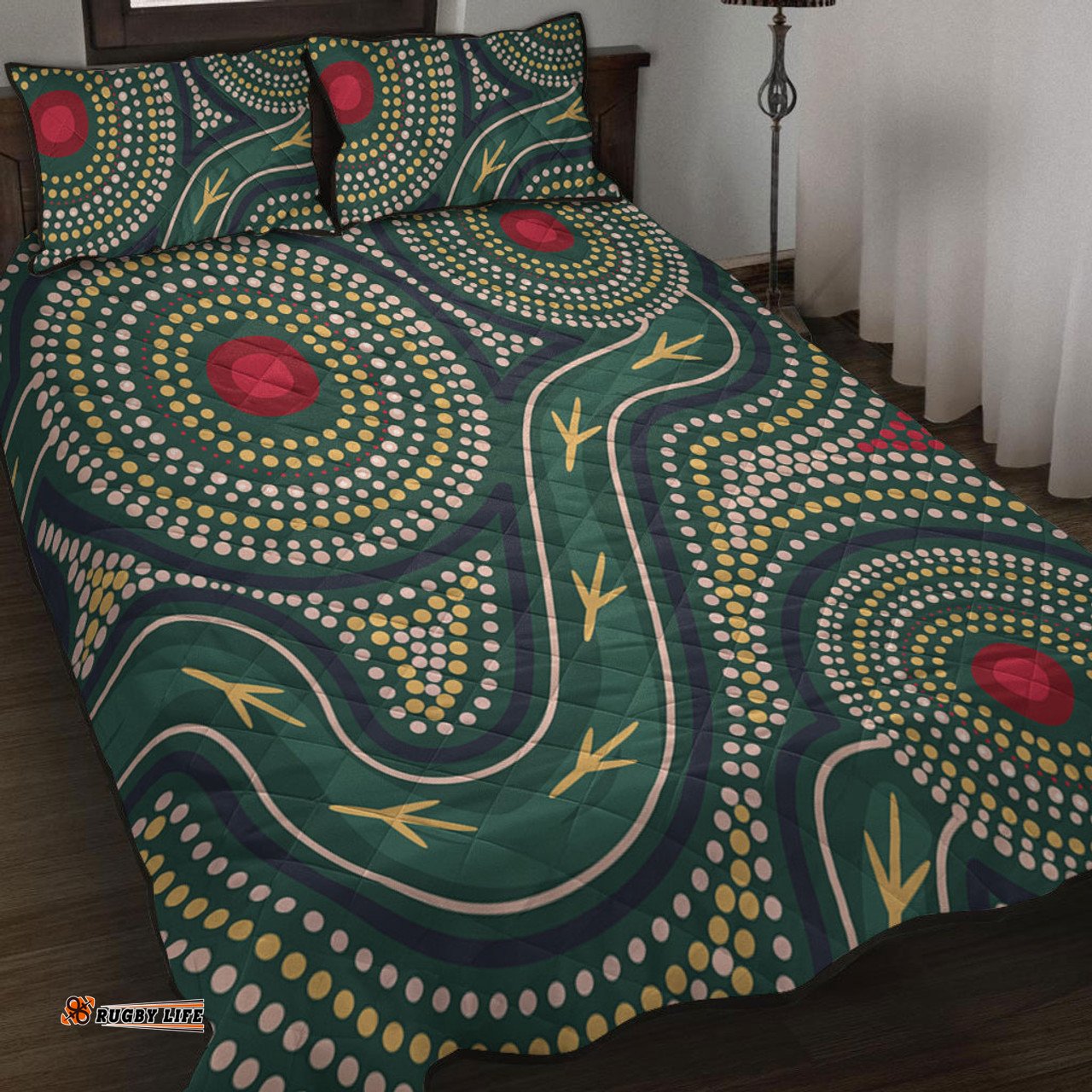 Australia Aboriginal Quilt Bed Set - Green Aboriginal Dot Art Style Vector Painting Quilt Bed Set