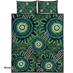 Australia Aboriginal Quilt Bed Set - Green Aboriginal Dot Art Background Quilt Bed Set