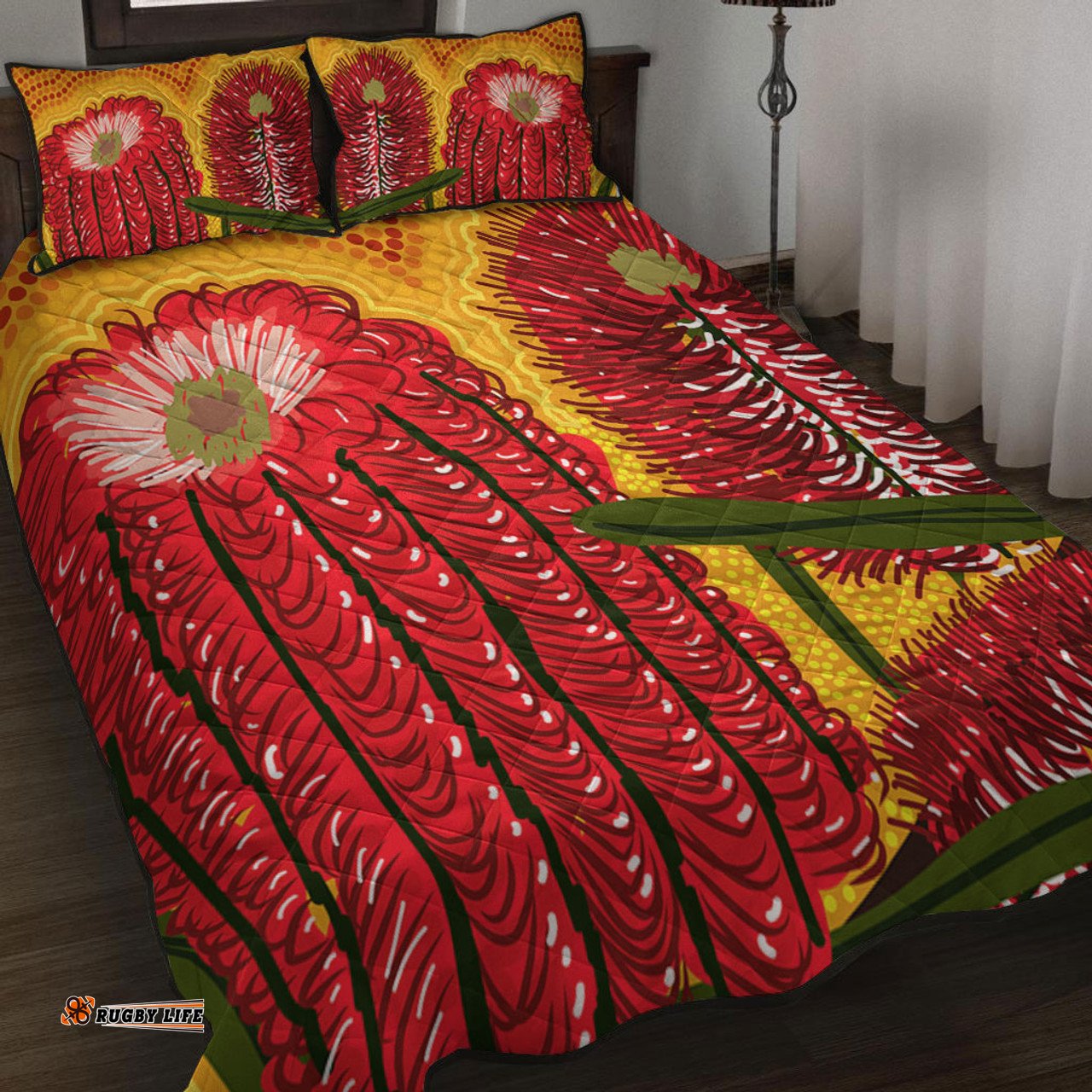 Australia Aboriginal Quilt Bed Set - Aboriginal Dot Art Of Australian Native Banksia Flower Quilt Bed Set