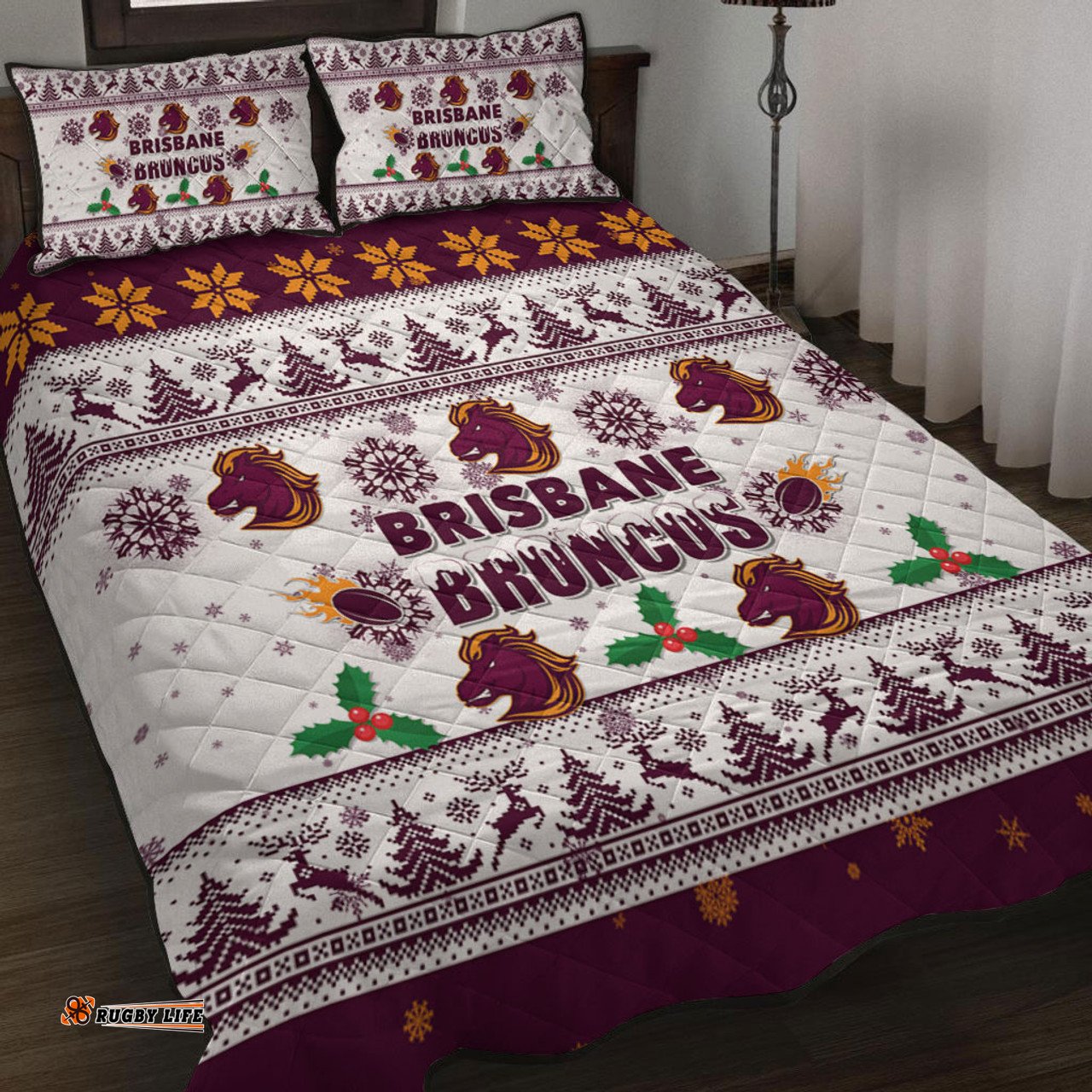 Brisbane Broncos Christmas Quilt Bed Set - Brisbane Broncos Special Ugly Christmas Quilt Bed Set