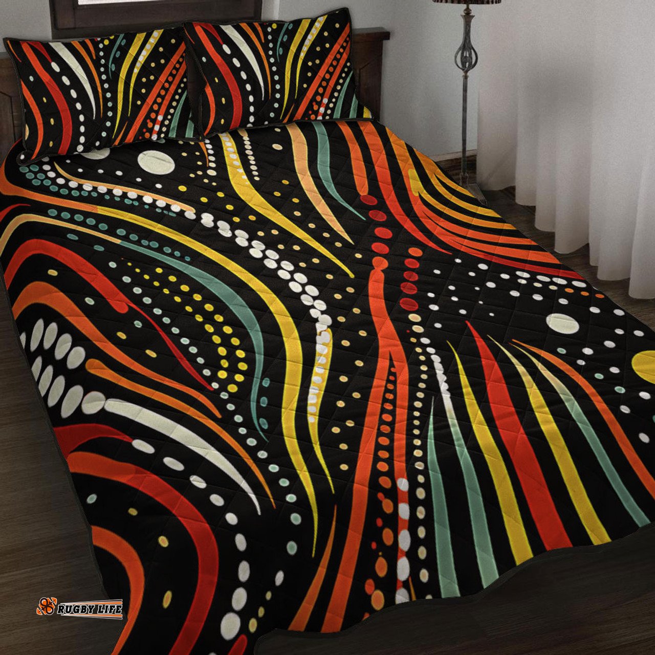 Australia Aboriginal Quilt Bed Set - Traditional Australian Aboriginal Native Design Black Quilt Bed Set