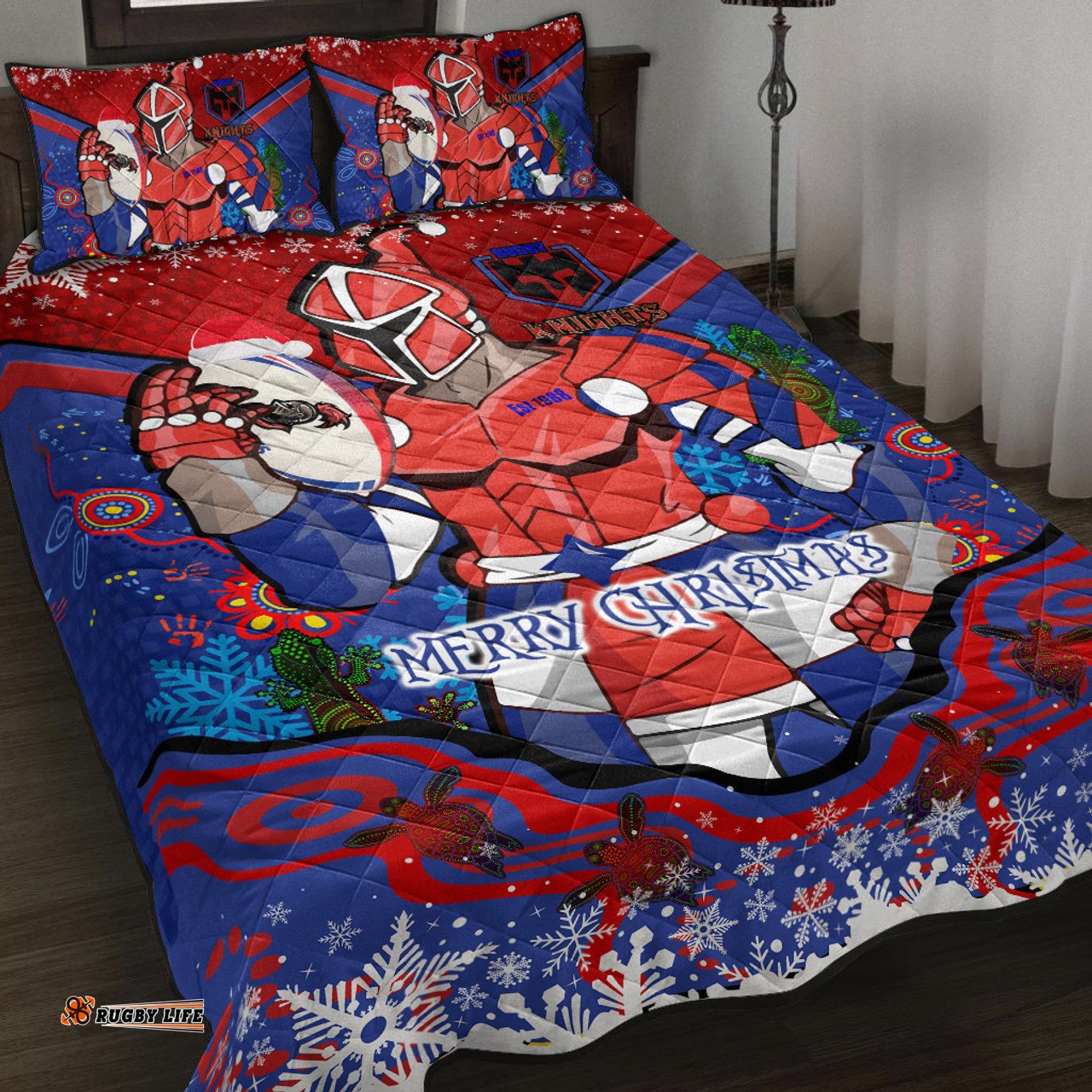 Newcastle Knights Christmas Quilt Bed Set - Custom Merry Christmas Newcastle Knights Indigenous Inspired