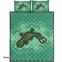 Australia Aboriginal Quilt Bed Set - Green Platypus Aboriginal Art Inspired Quilt Bed Set