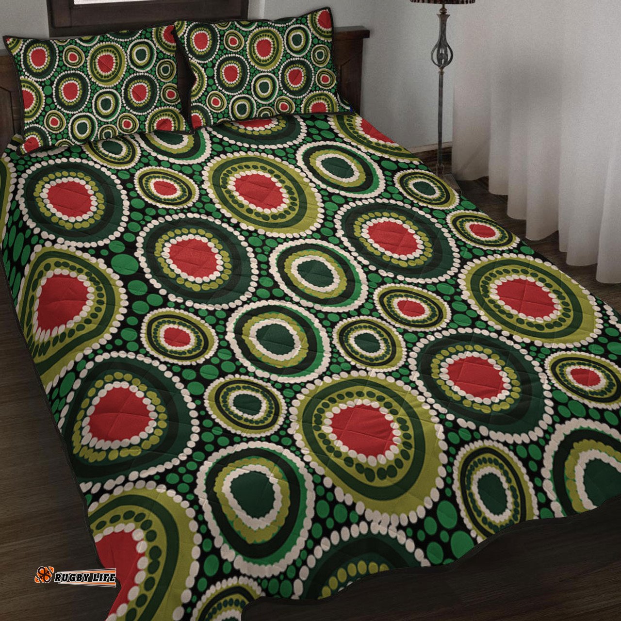 Australia Aboriginal Quilt Bed Set - Green Dot Art Circle Pattern From Aboriginal Art Quilt Bed Set