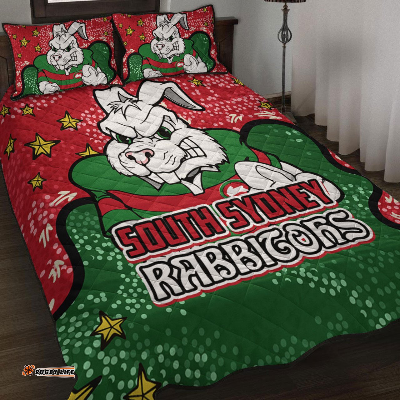 South Sydney Rabbitohs Quilt Bed Set - Team With Dot And Star Patterns For Tough Fan Quilt Bed Set