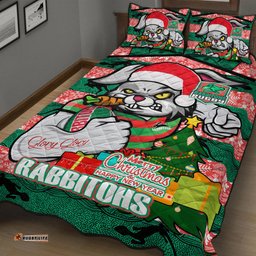 South Sydney Rabbitohs Quilt Bed Set - Merry Christmas Super Rabbitohs With Ball And Aboriginal Patterns