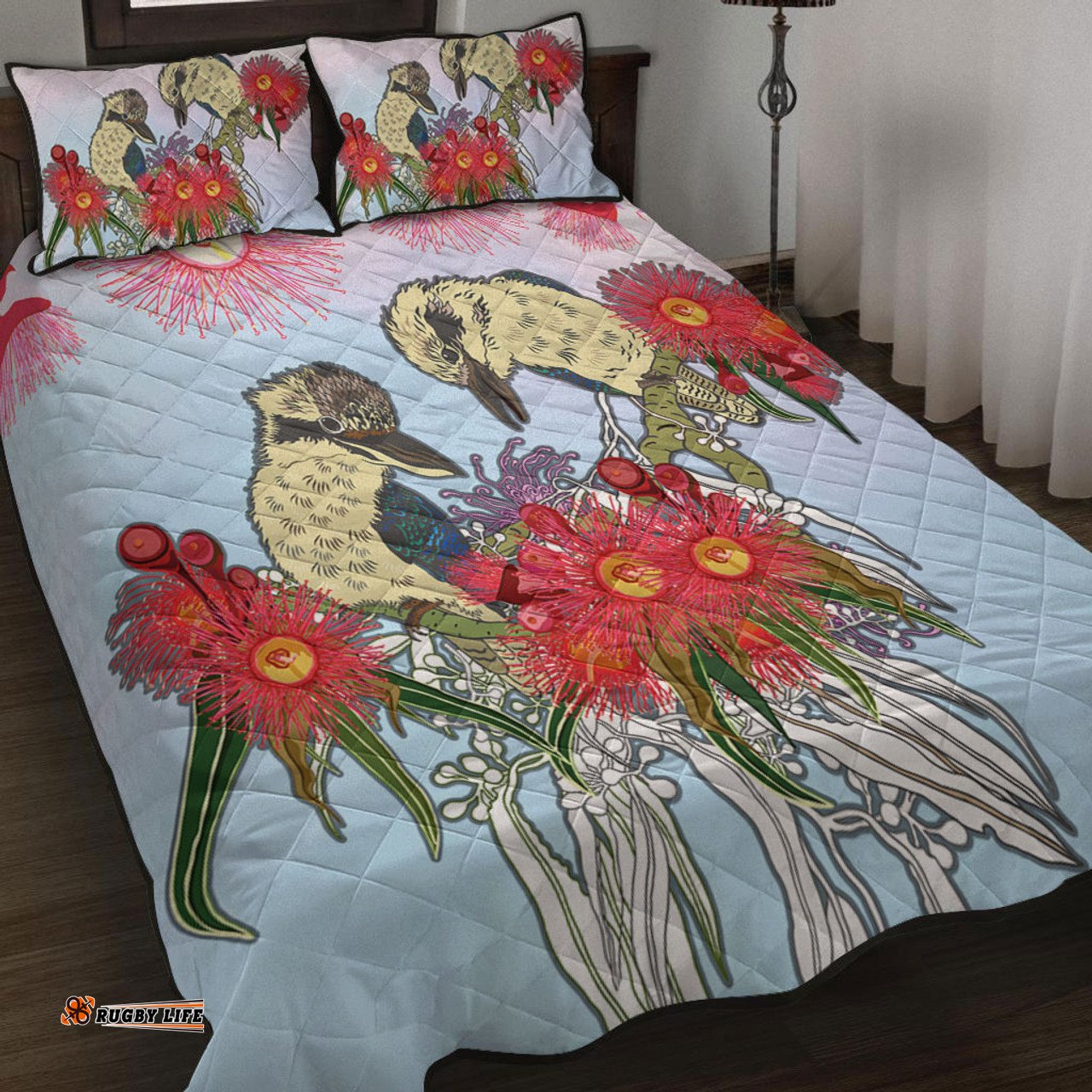 Australia Kookaburra Quilt Bed Set - Couple Kookaburra With Eucalyptus Flower Art Quilt Bed Set