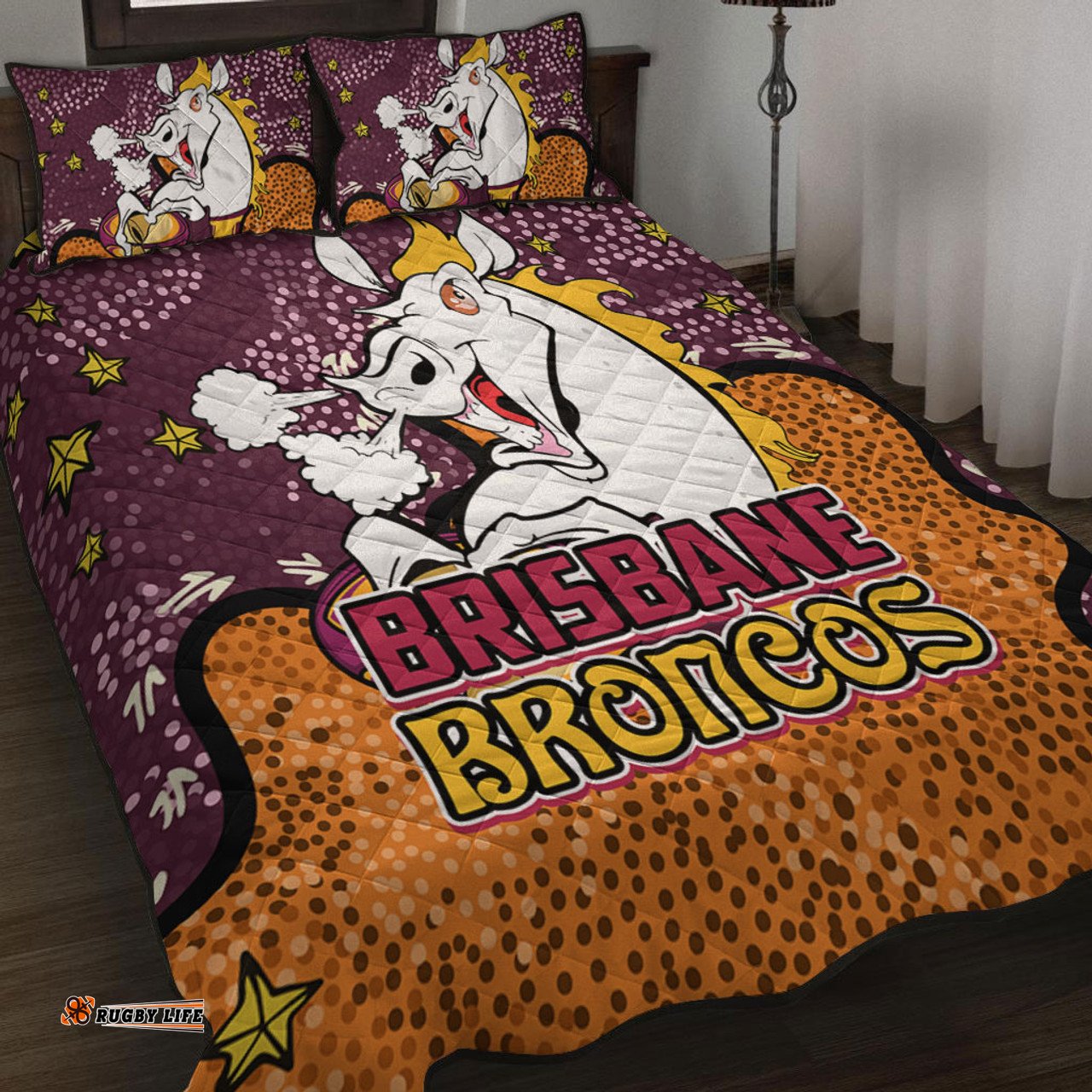 Brisbane Broncos Custom Quilt Bed Set - Team With Dot And Star Patterns For Tough Fan Quilt Bed Set