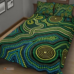 Australia Aboriginal Inspired Quilt Bed Set - Green Circle Aboiginal Inspired Dot Painting Style