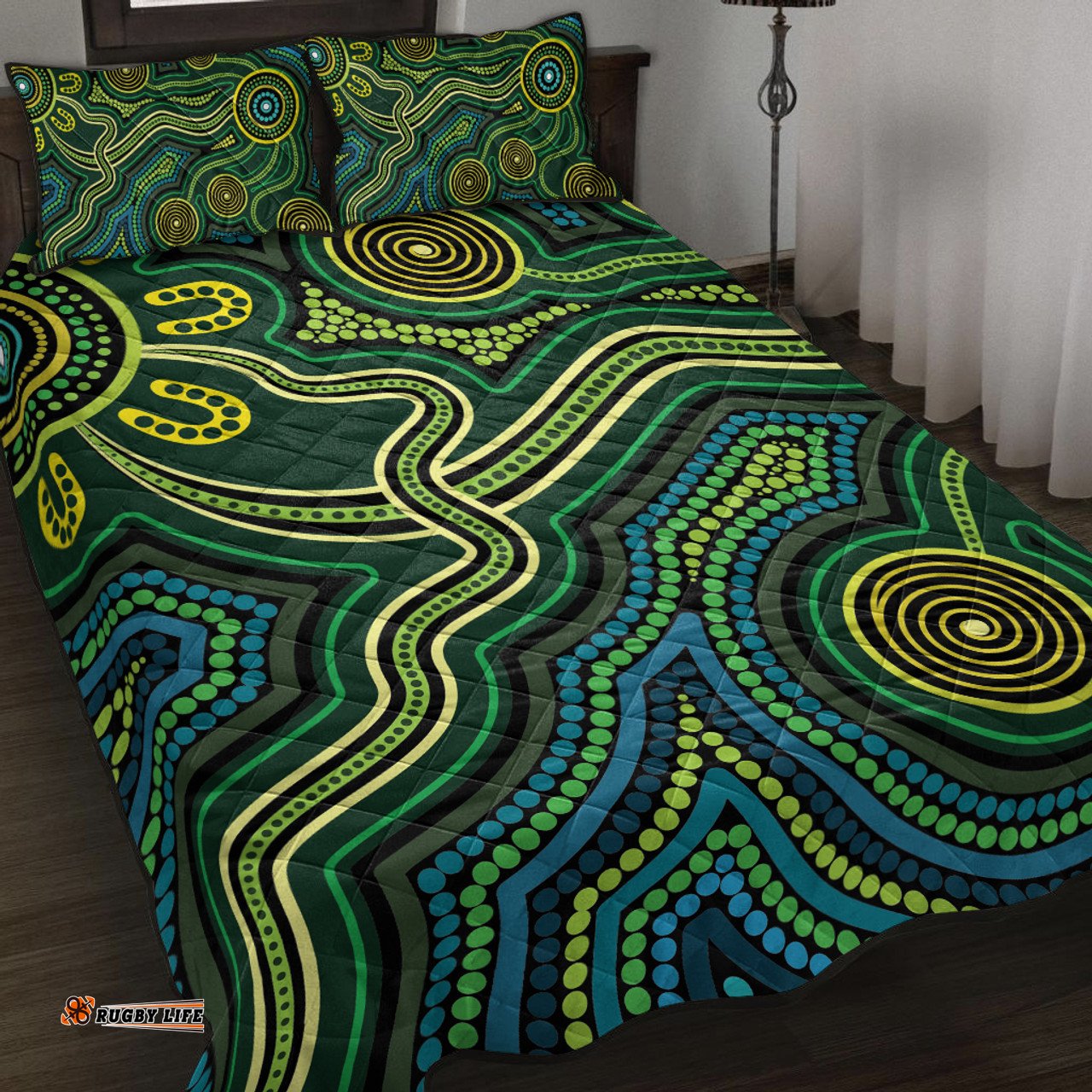 Australia Aboriginal Inspired Quilt Bed Set - Green Circle Aboiginal Inspired Dot Painting Style