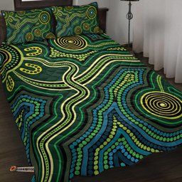 Australia Aboriginal Inspired Quilt Bed Set - Green Circle Aboiginal Inspired Dot Painting Style