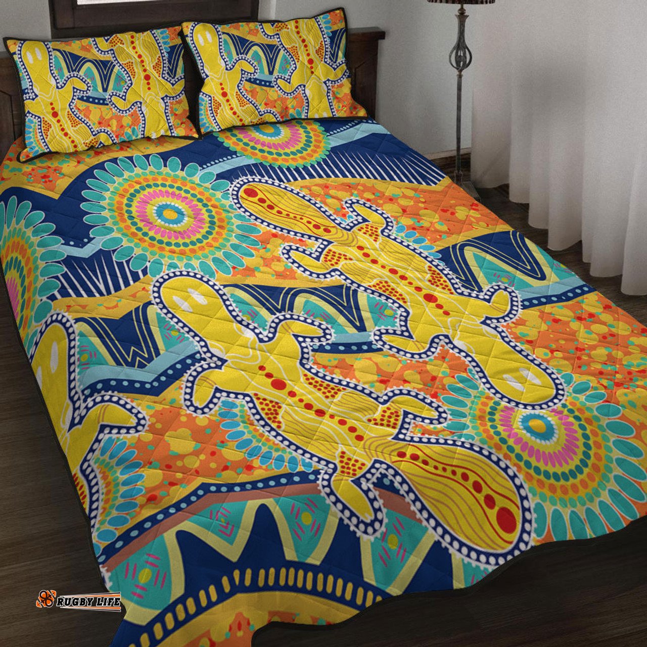 Australia Animals Platypus Aboriginal Quilt Bed Set - Yellow Platypus With Aboriginal Art Dot Painting Patterns Inspired Quilt Bed Set