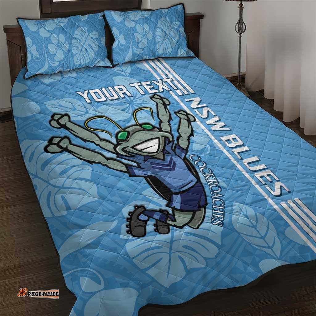 Custom NSW Blues Rugby Quilt Bed Set Cockroaches Polynesian Pattern Tropical Vibes