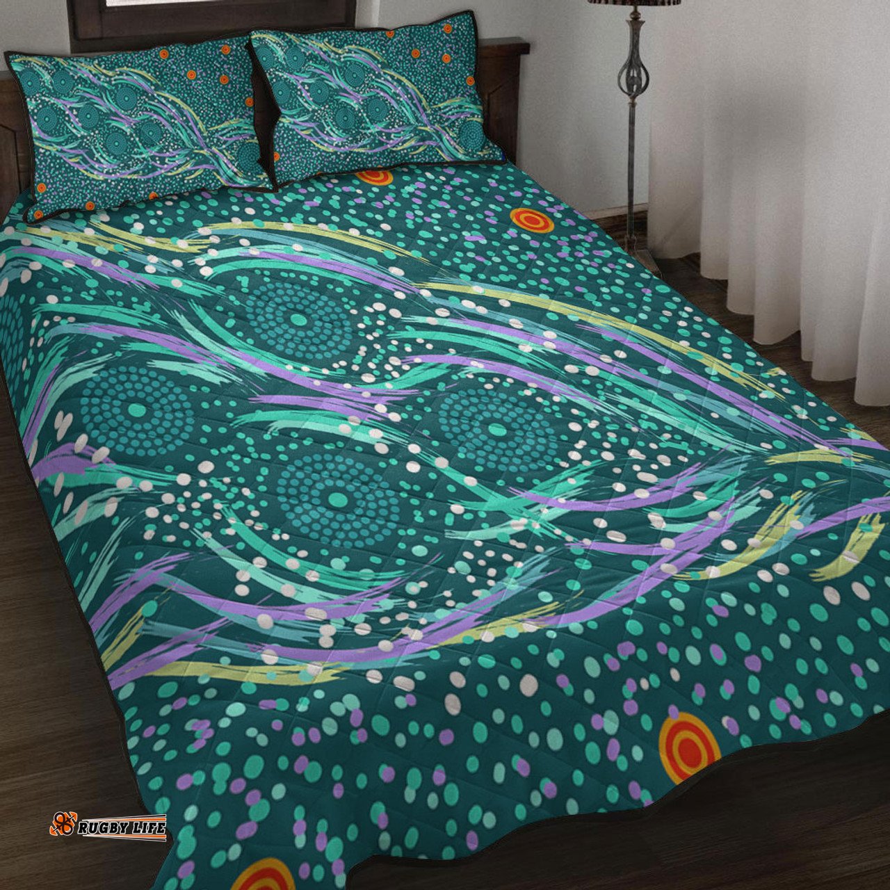 Australia Aboriginal Quilt Bed Set - Turquoise Dot Dreamtime Quilt Bed Set
