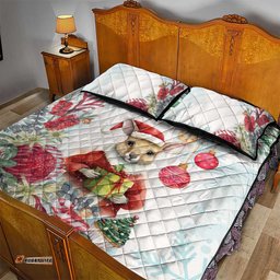 Australia Christmas Quilt Bed Set Kangaroo Santa With Aussie Flower Watercolor