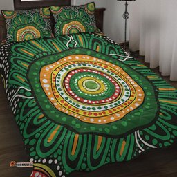 Australia Aboriginal Quilt Bed Set - Green Aboriginal Style Dot Painting Quilt Bed Set