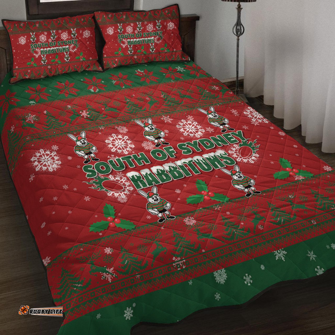 South Sydney Rabbitohs Quilt Bed Set - South Sydney Rabbitohs Special Ugly Christmas Quilt Bed Set