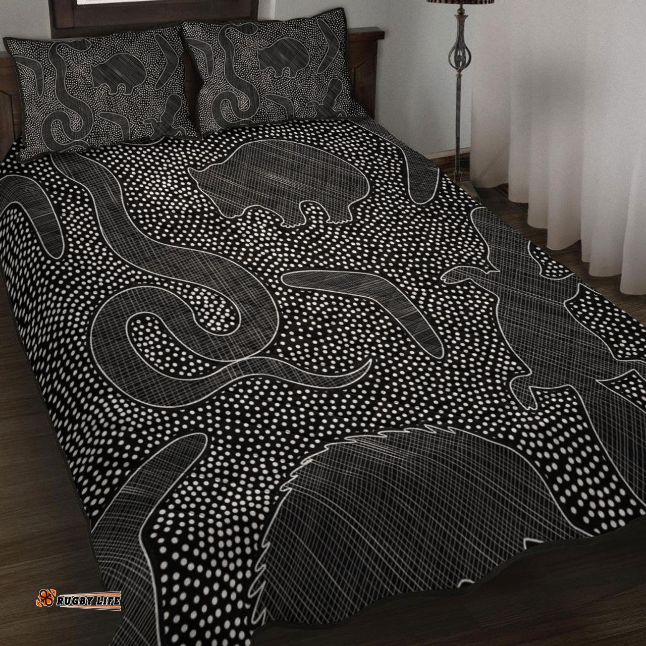 Australia Dot Painting Inspired Aboriginal Quilt Bed Set - Aboriginal Dot Grey Art With Animals Quilt Bed Set