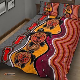 Australia Aboriginal Inspired Quilt Bed Set - Turtle And Foot Print Aboiginal Inspired Dot Painting Style