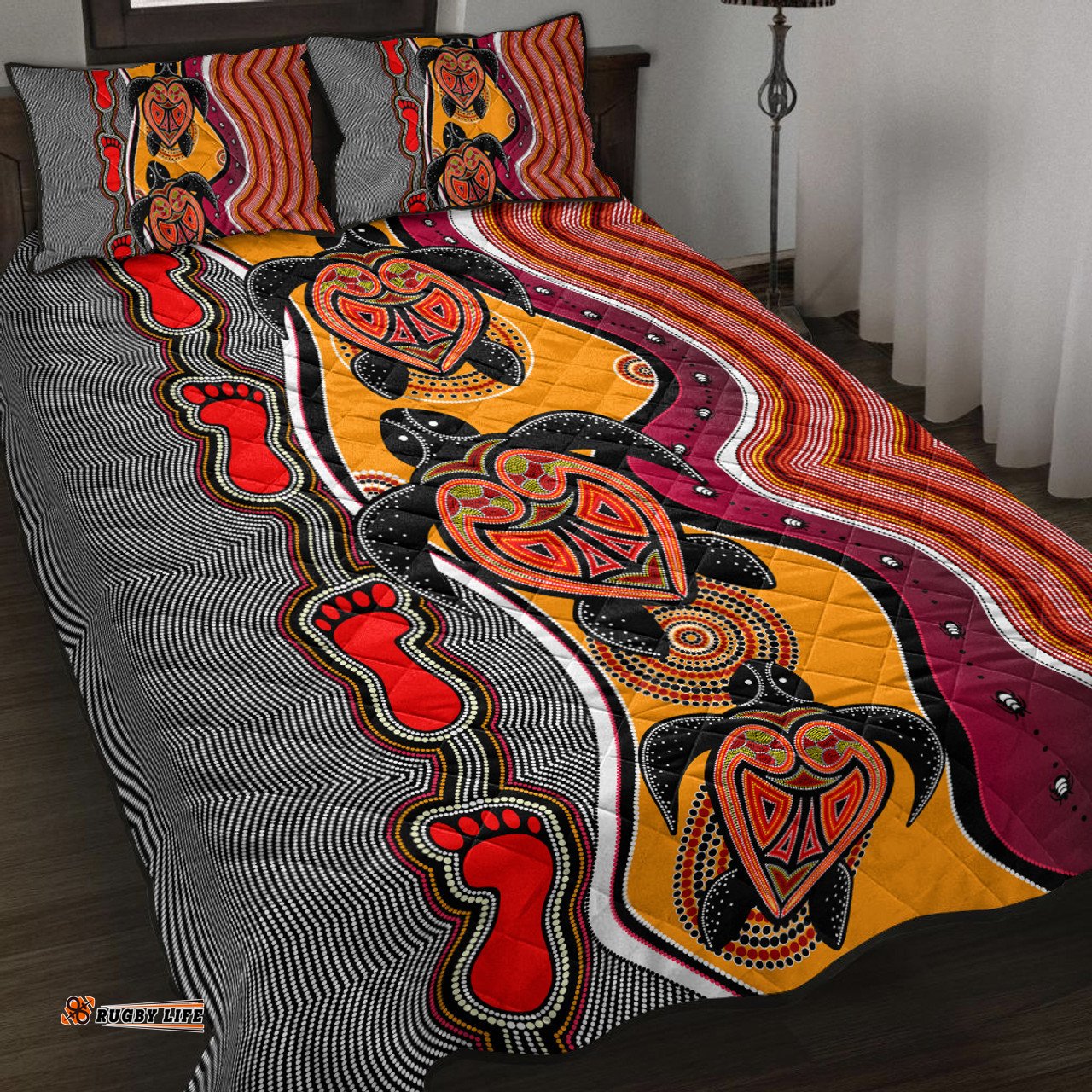 Australia Aboriginal Inspired Quilt Bed Set - Turtle And Foot Print Aboiginal Inspired Dot Painting Style