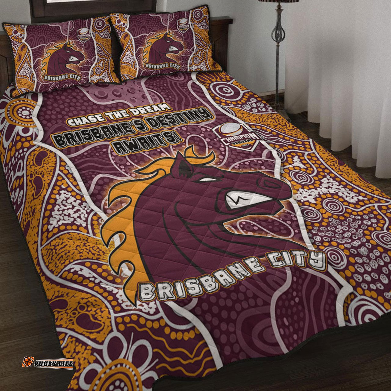 Brisbane Broncos Grand Final Custom Quilt Bed Set - Custom Brisbane Broncos With Contemporary Style Of Aboriginal Painting Quilt Bed Set