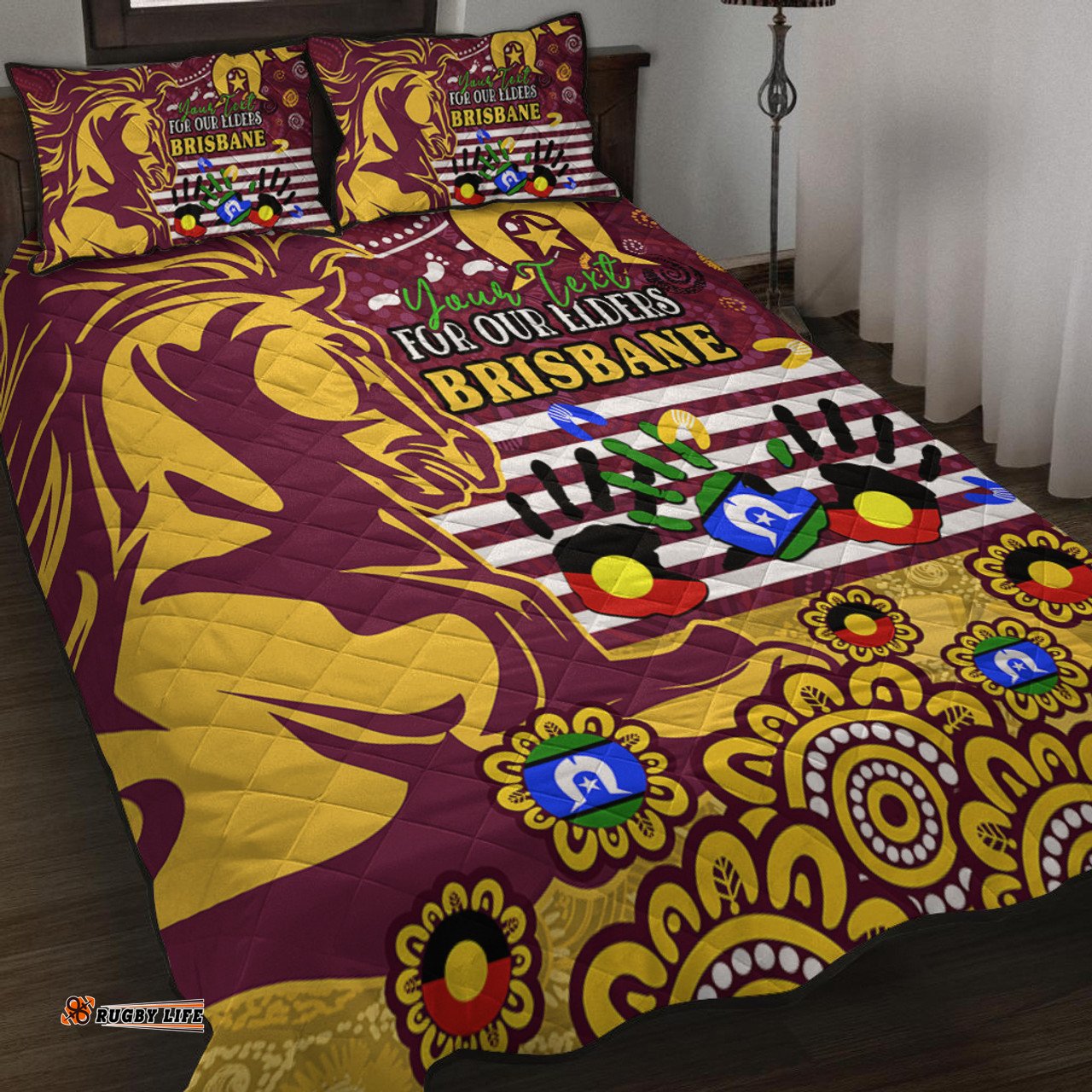 Brisbane Broncos Naidoc Week Custom Quilt Bed Set - For Our Elders Brisbane Broncos Aboriginal Inspired Quilt Bed Set