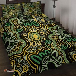 Australia Aboriginal Quilt Bed Set - Aboriginal Art Style Green Background Quilt Bed Set