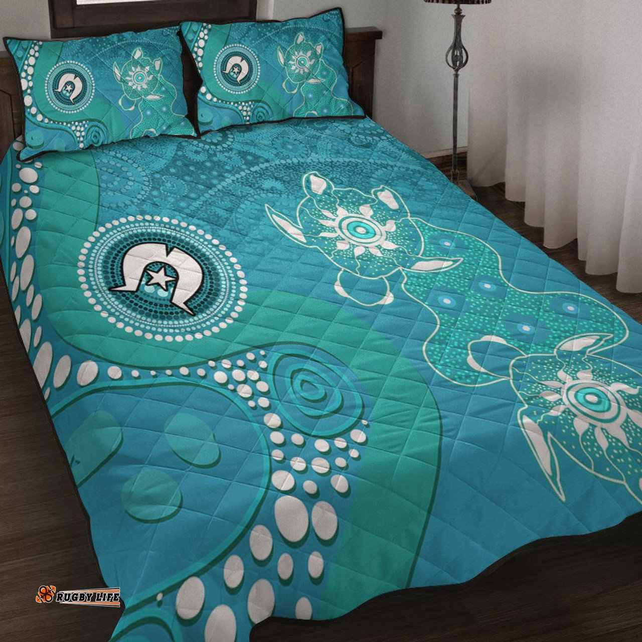 Australia Turtles Aboriginal Quilt Bed Set - Indigenous Dot Turtles In The Ocean Sapphire Quilt Bed Set