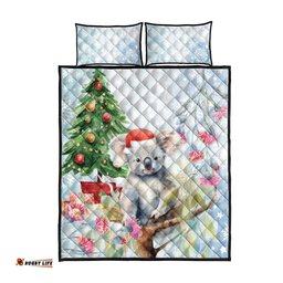 Australia Christmas Quilt Bed Set Koala Santa With Eucalyptus Watercolor