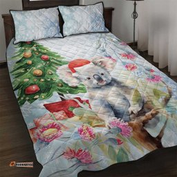 Australia Christmas Quilt Bed Set Koala Santa With Eucalyptus Watercolor