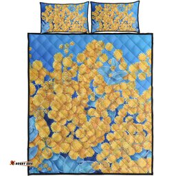Australia Golden Wattle Quilt Bed Set - Golden Wattle Blue Background Oil Painting Art Quilt Bed Set