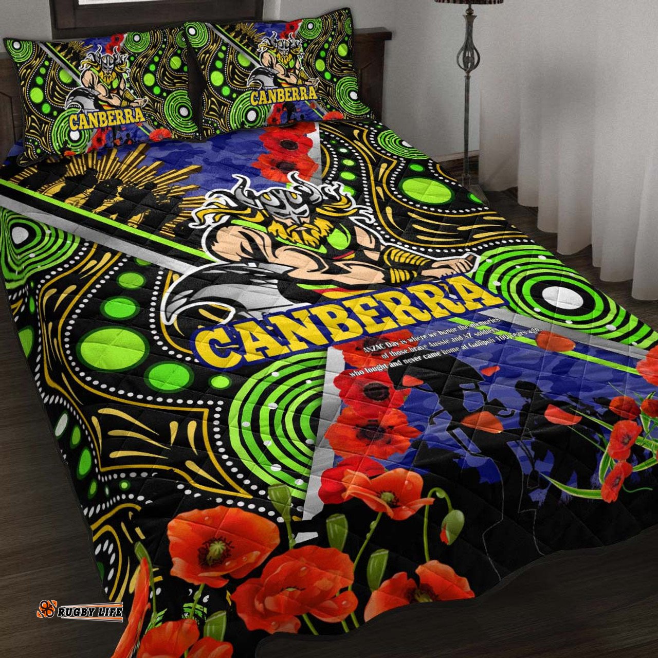 Canberra Raiders Anzac Flag Quilt Bed Set - Canberra Raiders with Anzac Day Poppy Flower Quilt Bed Set