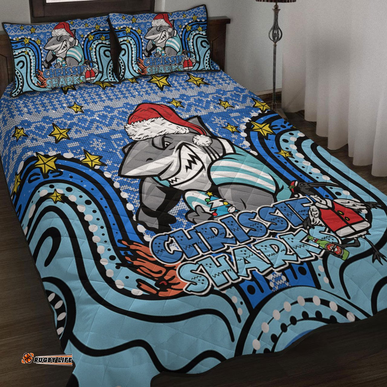 Cronulla-Sutherland Sharks Christmas Custom Quilt Bed Set - Christmas Knit Patterns Vintage Jersey Ugly Quilt Bed Set