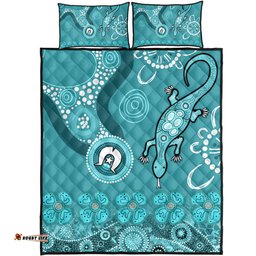Australia Goanna Aboriginal Quilt Bed Set - Indigenous Dot Goanna Teal Blue Quilt Bed Set